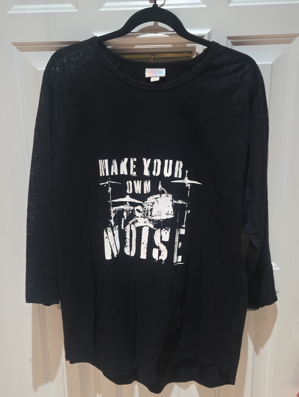 LuLaRoe "Randy" Black Long Sleeve Tee with White Drum Graphic